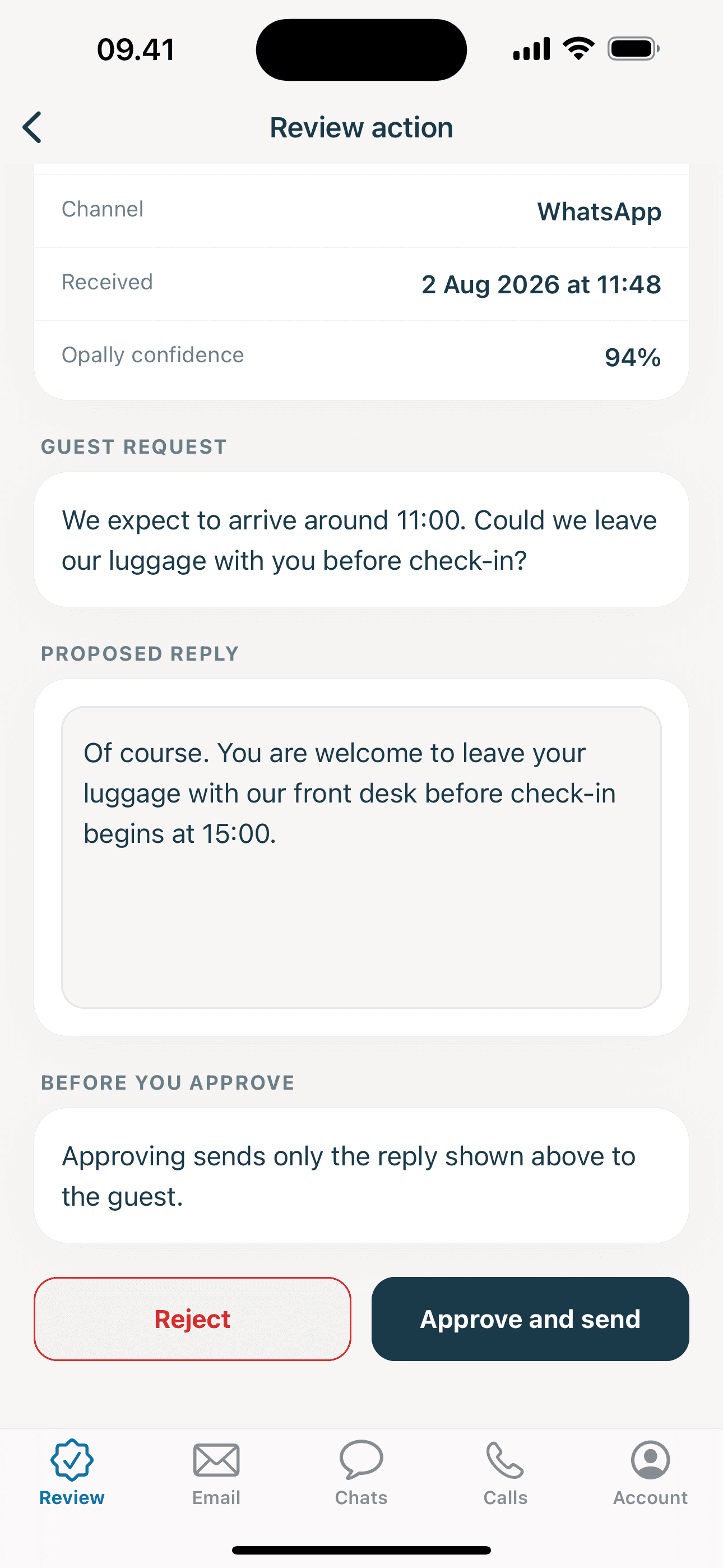 Opally for iPhone showing a review action and guest conversations